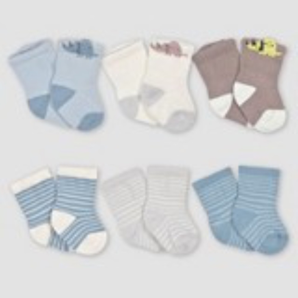 Gerber Baby Boys 6pk 0-6M Socks Dino Cotton Jersey White Light Blue Brown